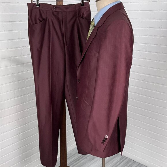 Phoenix Suit Men 42 31Wx31.5L Burgundy Shiny Polyester Stripe 60s-70s VTG USA - Picture 3 of 16